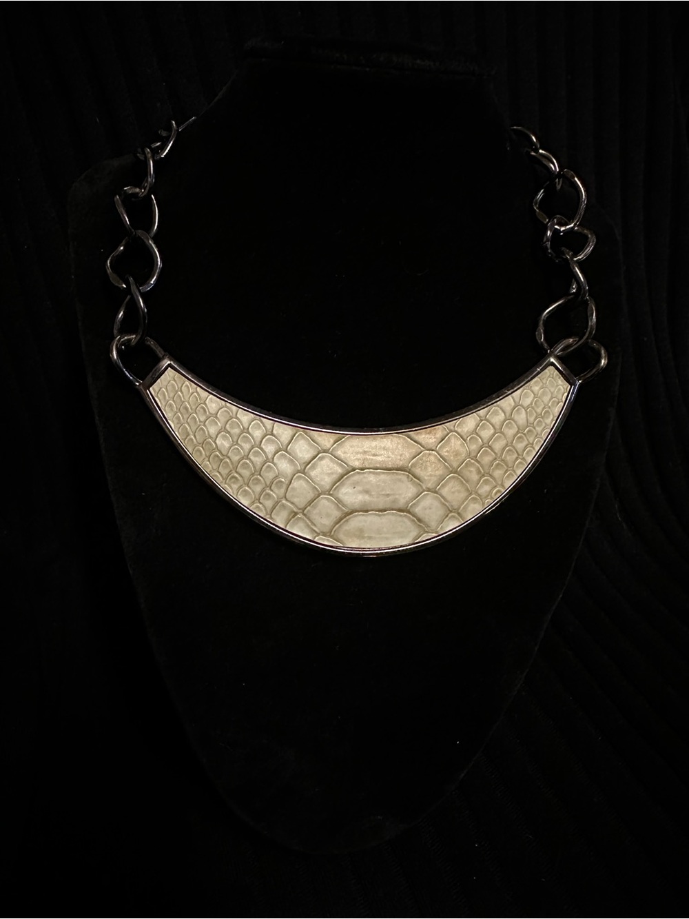 Statement Crescent Necklace in Cream and Black Faux Snakeskin